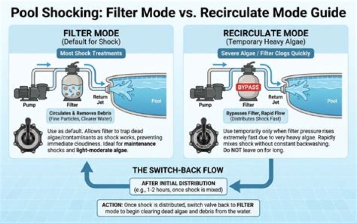 When Shocking a pool should the pump be on filter or recirculate?
